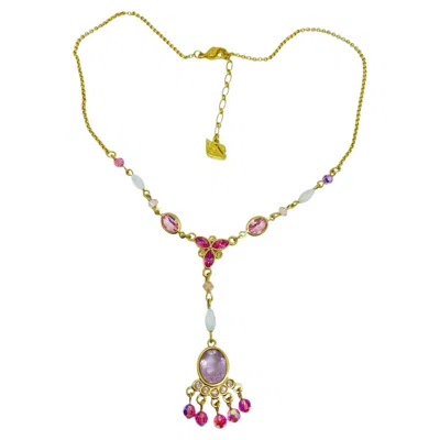 Pre-owned Swarovski Vintage  Swan Signed Gold Plated Pink Purple Crystal Designer Necklace