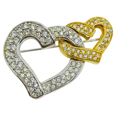 Pre-owned Swarovski Vintage  Swan Signed Gold Silver Plated Crystals Hearts Designer Brooch In Multi