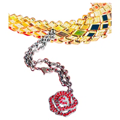 Pre-owned Swarovski Vintage Vivid Rose Ruby Crystals Pendant Charm Chain Silver Bracelet In Red
