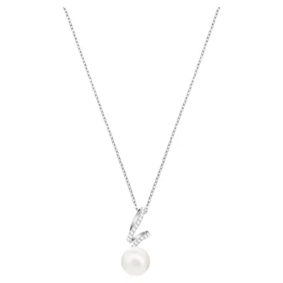 Pre-owned Swarovski White Round Pearl Crystals Drop Spiral Hook Pendant Silver Necklace