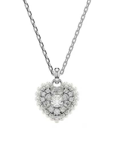 Swarovski Women's Hyperbola Rhodium-plated,  Crystal & Imitation Pearl Heart Pendant Necklace In White Gold