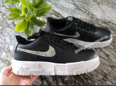 Pre-owned Swarovski Womens Nike Air Force 1 Pixel Black Sneakers Shoes Made With  Crystals