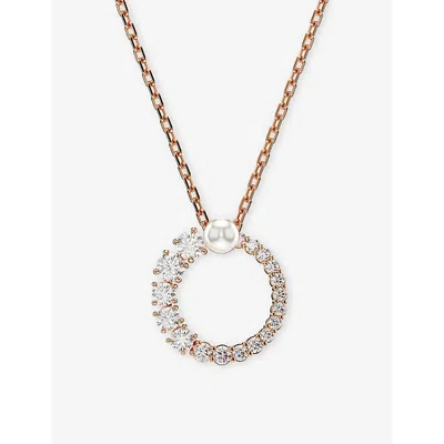 Swarovski Matrix Pendant, Crystal Pearl, Round Cut, White, Rose Gold-tone Plated Necklace