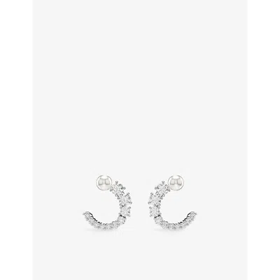 Swarovski Womens White Matrix Circle Rhodium-plated, Crystal-pearl And Zirconia Hoop Earrings