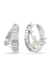 Swarovski Ariana Grande Imitation Pearl & Crystal Baguette Small Hoop Earrings In White/silver