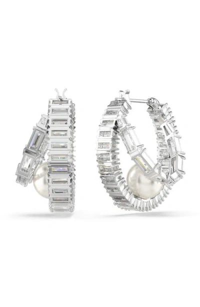 SWAROVSKI SWAROVSKI X ARIANA GRANDE CRYSTAL PEARL & BAGUETTE CUT CRYSTAL DOUBLE HOOP EARRINGS