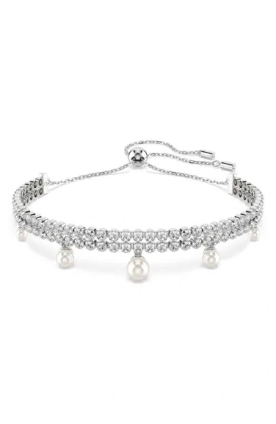 Swarovski Ariana Grande Imitation Pearl & Crystal Dangle Slider Bracelet In Silver