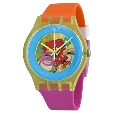 Swatch Color Palette Blue Transparent Dial Orange And Pink Silicone Unisex Watch Suoj101 In Pink/blue/orange