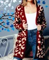 Sweaterland Leopard Pattern Long Open Cardigan In Red In Red