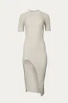 Sweaterland Ribbed Midi Dress With Front Slit In Almond In Pink