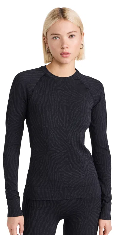 Sweaty Betty Animal Crew Neck Base Layer Top Black Zebra Lines Jacquard