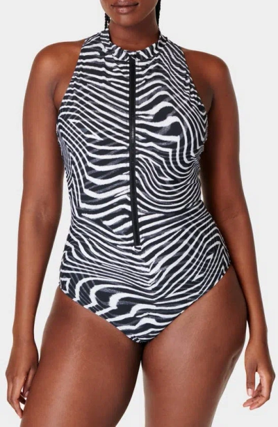 Sweaty Betty Vista High Neck Zip-up One-piece Swimsuit In Grey Exposure Print