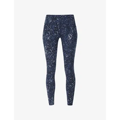 SWEATY BETTY WOMENS BLUE EBONY PRINT POWER 7/8 WORKOUT ABSTRACT-PATTERN STRETCH-JERSEY LEGGINGS XXS