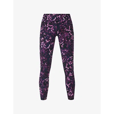 SWEATY BETTY WOMENS PURPLE LILYPAD PRINT POWER 7/8 WORKOUT ABSTRACT-PATTERN STRETCH-JERSEY LEGGINGS