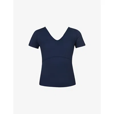 Sweaty Betty Womens Gaia V-neck Stretch-woven T-shirt Navy Blue