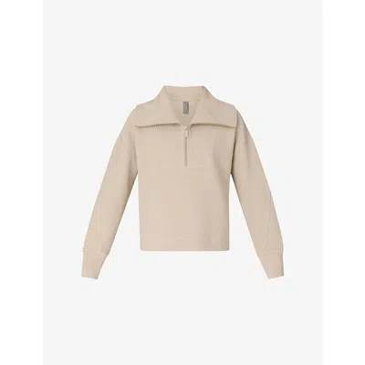 Sweaty Betty Womens Dusk Beige Peaceful Half-zip Ribbed Stretch-cotton Sweatshirt In Neutral