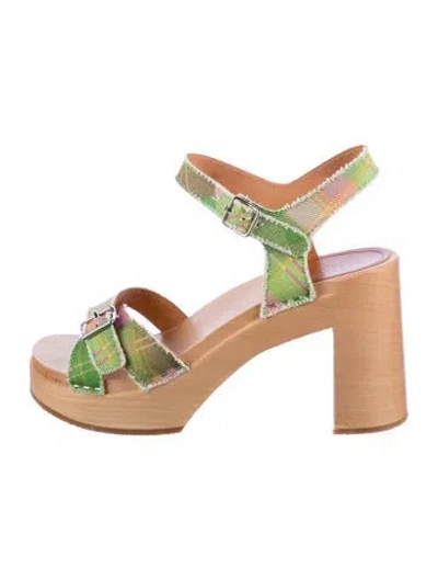 Pre-owned Swedish Hasbeens Denim Plaid Print Sandals In Green