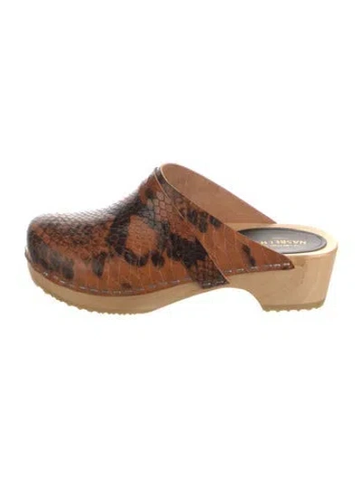 Pre-owned Swedish Hasbeens Embossed Leather Animal Print Mules In Brown