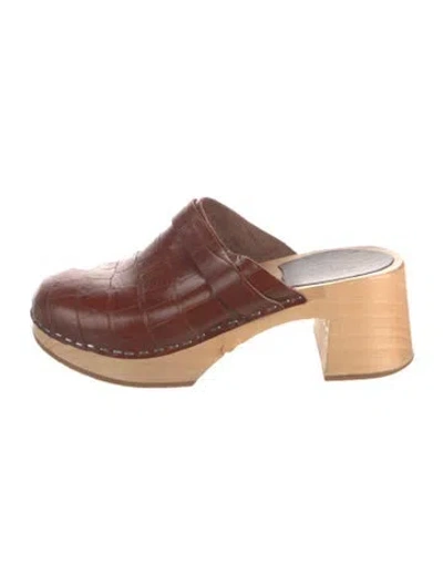 Pre-owned Swedish Hasbeens Embossed Leather Mules In Brown