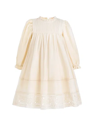 Sweet Cactus Kids' Eyelet-embroidered Pintuck-detail Midi Dress In Neutral
