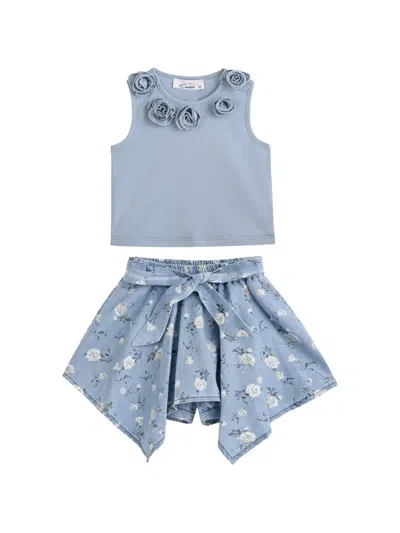 Sweet Cactus Kids' Floral-appliqué Bow-detail Shorts Set In Blue