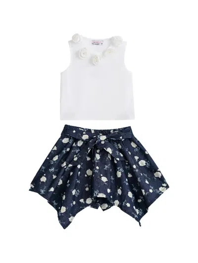Sweet Cactus Kids' Floral-print Appliqué Shorts Set In Blue
