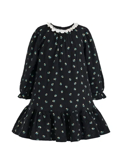 Sweet Cactus Kids' Floral-print Lace-collar Midi Dress In Black