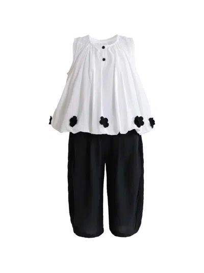 Sweet Cactus Kids' Flower-appliqué Blouse And Trousers Set In Black