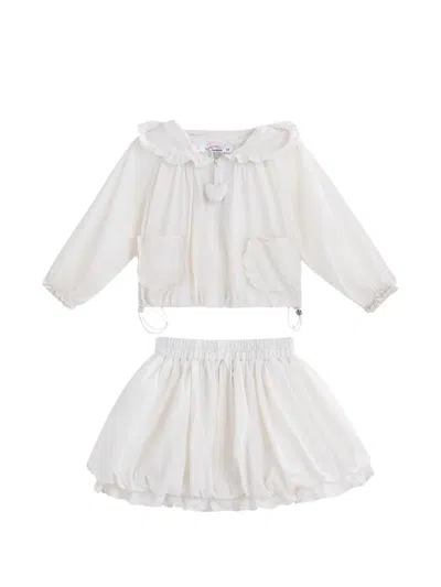 Sweet Cactus Heart-motif Ruffled-trim Skirt Set In White