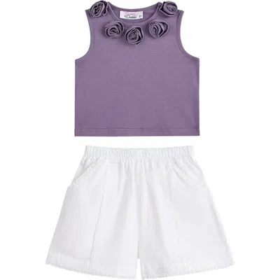 Sweet Cactus Kids' Rosette Lace-trim Shorts Set In Multi