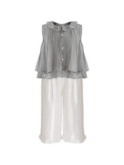 Sweet Cactus Kids' Ruffle-trim Blouse And Trousers Set In Gray
