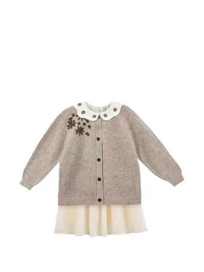 Sweet Cactus Kids' Smocked Floral-embroidered Dress And Cardigan Set In Neutral