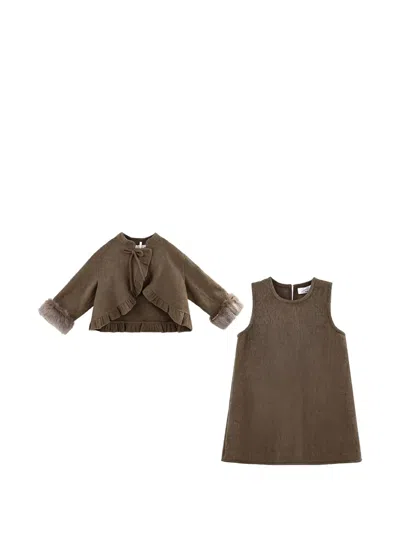 Sweet Cactus Kids' Wool Dress And Jacket Set In Brown