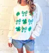 SWEET CLAIRE CLOVER & BOWS GRAPHIC SWEATSHIRT IN WHITE