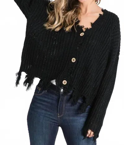 Sweet Generis Destroyed Fringed Button Down Cardigan In Black