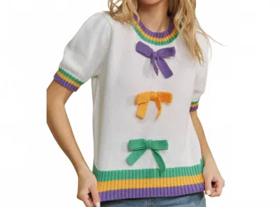 Sweet Generis Mardi Gras Bow Short Sleeve Sweater In White In Multi