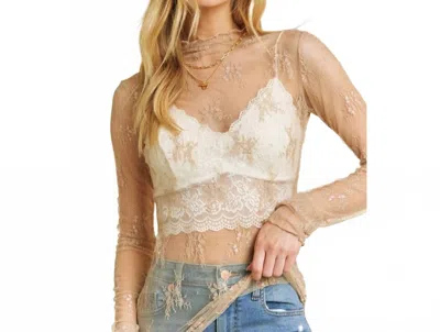Sweet Generis Mesh Lace High Neck Design Long Sleeve Fitted Top - Plus In Cream In Neutral