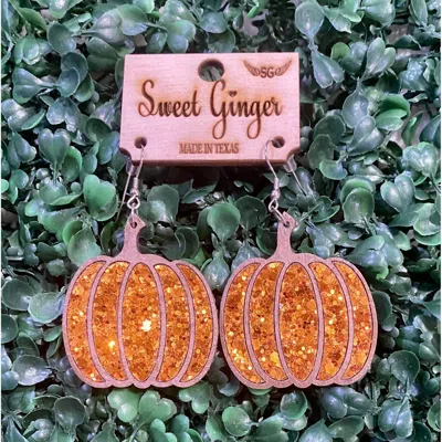 Sweet Ginger Women's Glitter Pumpkin Wood Earrings In Orange In Gold