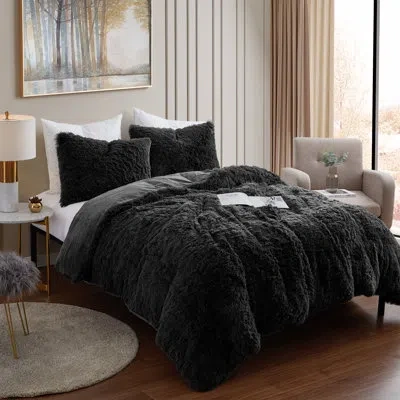 Sweet Home Collection 3 Piece Plush Shaggy Comforter Set Ultra Soft Luxurious Faux Fur Decorative Bedding In Black