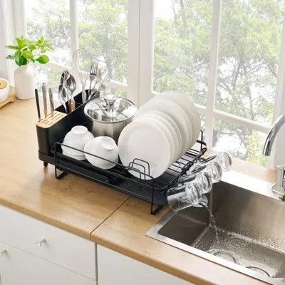 Sweet Home Collection 3-piece Dish Dryer Rack With Expandable Base And Utensil Holder, Black In Stainless Steel