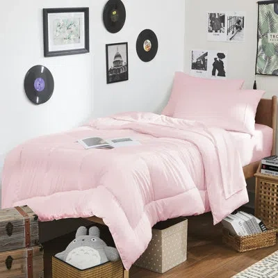 Sweet Home Collection 7pc Campus Ready Dorm Twin Xl Bedding Bundle, Solid Comforter, Pillows And Sheet Set In Pale Pink