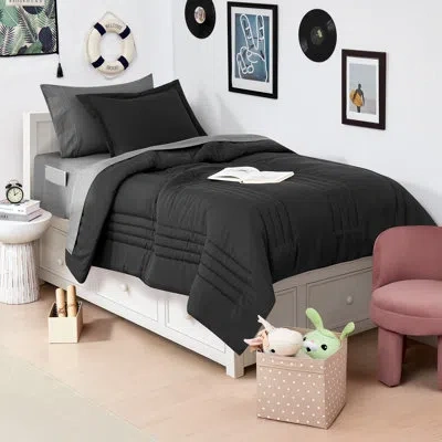 Sweet Home Collection 8 Piece Quilted Solid Stripe Comforter, Sheet Set And Mattress Protector Bedding Bundle In Black,charcoal