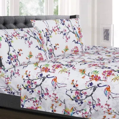 Sweet Home Collection Botanical Printed Microfiber Floral Bed Sheet Set In White