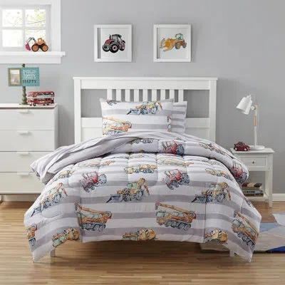 Sweet Home Collection Construction Trucks Gray/blue/orange Comforter Set With Sheet Set In Gray,blue,orange