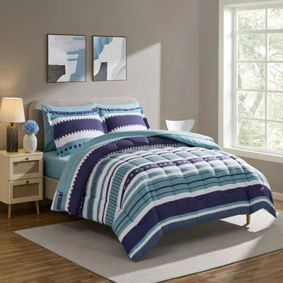 Sweet Home Collection Marino Printed Bed In A Bag Comforter Set In Blue,white