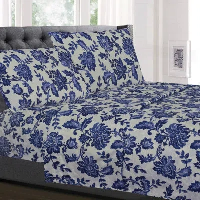 Sweet Home Collection Tuscany Floral Printed Microfiber Sheet Set In White;dark Blue
