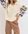Sweet Lovely By Jen Crochet Patchwork Sweater In Ivory/blue In Multi