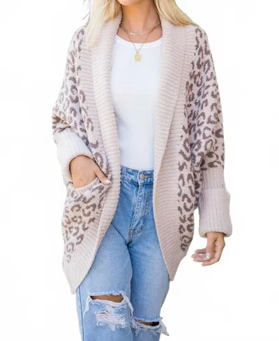 Sweet Lovely By Jen Leopard Print Fluffy Knit Cardigan In Beige In White