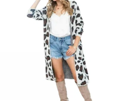 Sweet Lovely By Jen Leopard Print Long Sweater Cardigan In Ivory/black In Multi