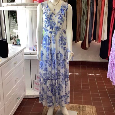 Sweet Lovely By Jen Ruffled Floral Maxi Dress In Ivory Blue In Multi